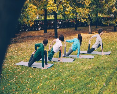 People doing yoga outdoors in a group